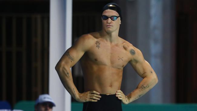 GOLD COAST, AUSTRALIA - APRIL 17: Cody Simpson looks on before swimming the Mens 50m Butterfly during the 2021 Australian Swimming Championships at the Gold Coast Aquatic Centre on April 17, 2021 in Gold Coast, Australia. (Photo by Chris Hyde/Getty Images)