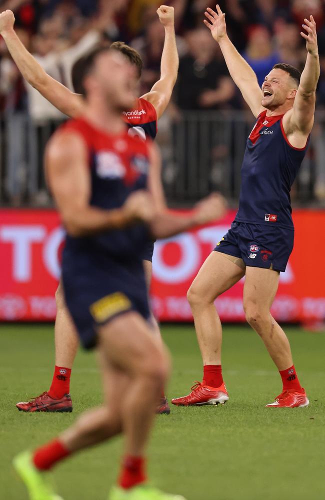 Steven May of the Demons celebrates after the Demons defeated the Bulldogs. Picture: Paul Kane/Getty Images