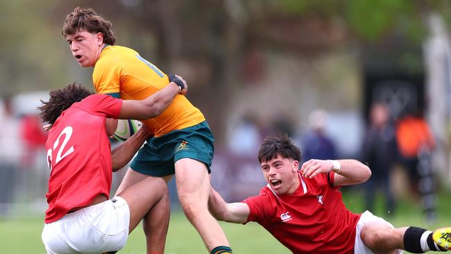 Rex Bassingthwaighte tackled during the match between Australia U18's and New Zealand Barbarians. Pictures: Phil Walter/Getty Images for Rugby Australia