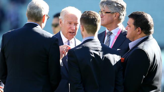 Joe Biden meets Carlton skipper Marc Murphy, president Mark LoGiudice and CEO Steven Trigg. Picture: Michael Klein