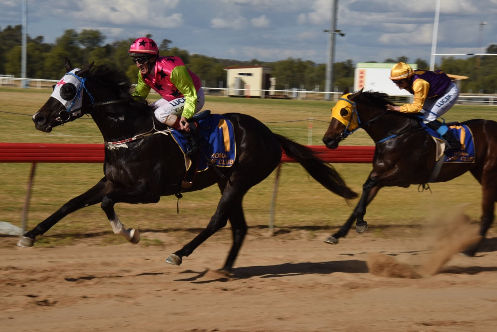 Third Rock noses ahead at the Roma rugby races. Picture: Alexia Austin