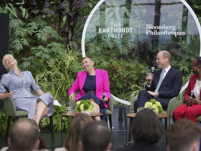 Prince William, Prince of Wales smiles as panelists Hannah Waddinham, left and Hannah Jones, second left, and Earthshot Prize Chief Executive, Tokunboh Ishmael react as he speaks at the Earthshot Prize Innovation Camp in London, England. Picture: Getty Images