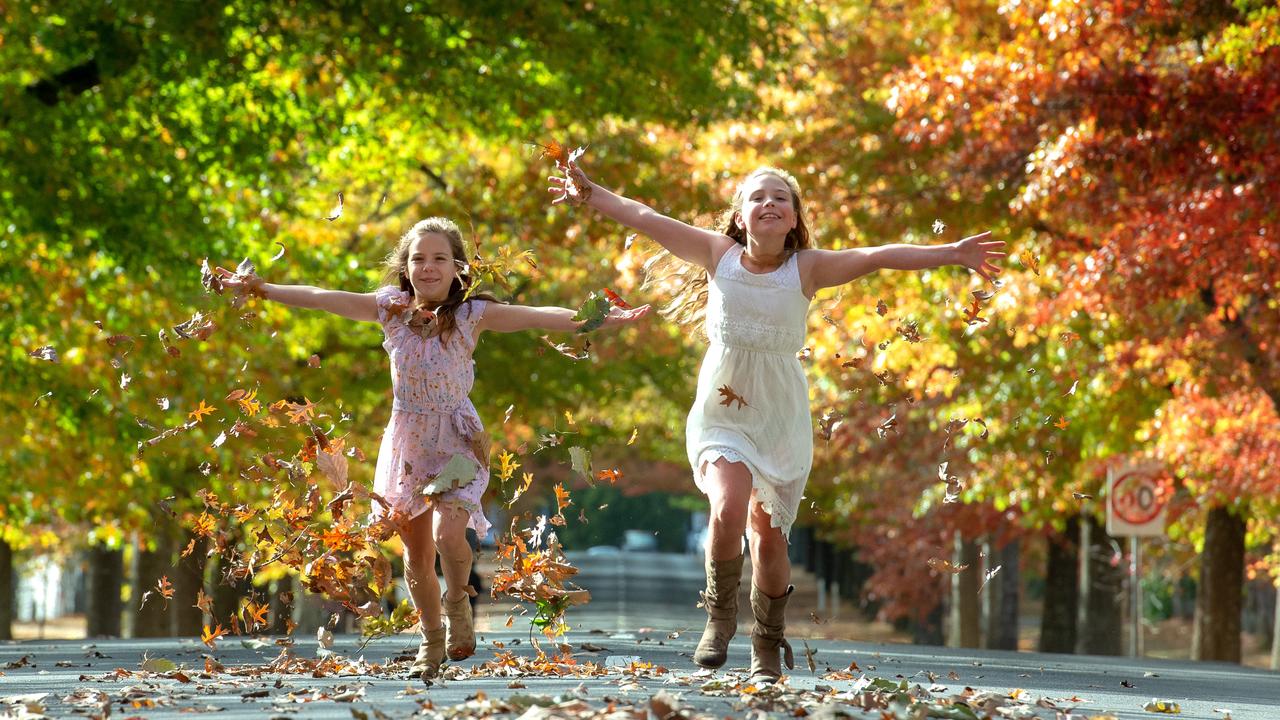 Sarah and Charlotte enjoying the first falling autumn leaves in Macedon, Victoria. Picture: Jay Town