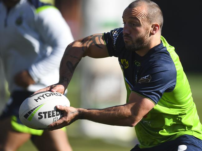 Josh Hodgson of the Raiders in action during a training session in Canberra, Tuesday, June 30, 2020. (AAP Image/Lukas Coch) NO ARCHIVING