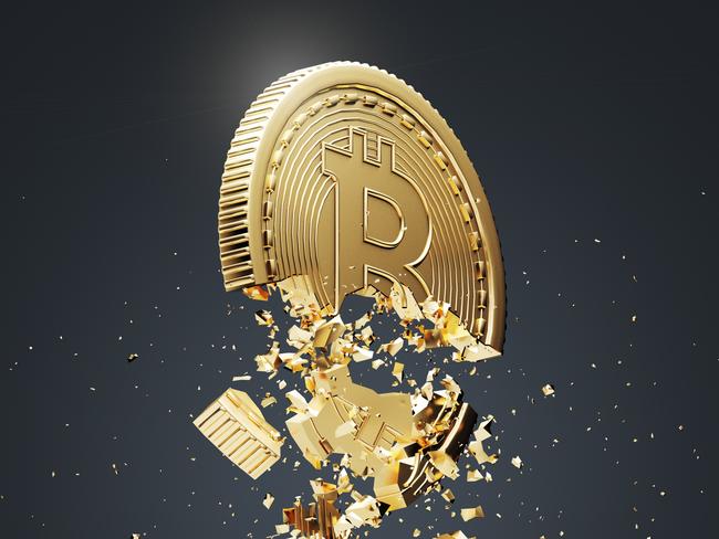 Gold bitcoin falling apart. Concept of a cryptocurrency market crisis. A black background. A side view. 3d rendering bitcoin crash generic