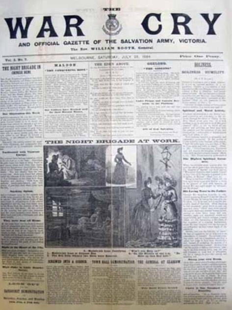 Front page of the Salvation Army’s War Cry newspaper that spoke about the red light district and Madame Brussels. Picture: State Library of Victoria.