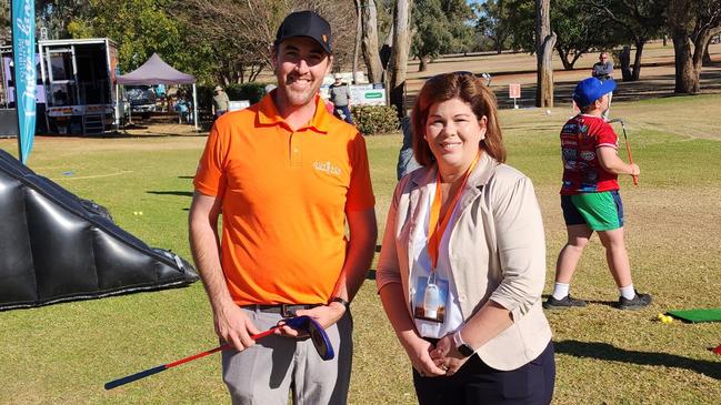 PGA golf pro Darren Weatherall with Balonne Shire Mayor Samantha O'Toole at the Outback Queensland Masters in St George. Picture: Supplied.