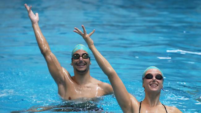 Danielle Kettlewell, 26, and Ethan Calleja, 19, are the first Australian "Mixed Duet" synchronised swim team vying to compete at the World Championships in South Korea this year. Picture: David Swift.