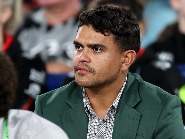 SYDNEY, AUSTRALIA - APRIL 13: Latrell Mitchell of the Rabbitohs looks on during the round six NRL match between South Sydney Rabbitohs and Cronulla Sharks at Accor Stadium, on April 13, 2024, in Sydney, Australia. (Photo by Brendon Thorne/Getty Images)