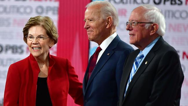 Democratic presidential hopefuls Elizabeth Warren, Joe Biden and Bernie Sanders. Picture: AFP