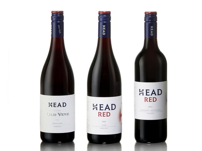 EMBARGO FOR TWAM 03 DECEMBER 2022. FEE MAY APPLY.  2021 Head Wines Old Vine Barossa Grenache, 2021 Head Wines Head Red Barossa GSM, 2021 Head Head Red Barossa Cabernet Sauvignon. Photo: Supplied