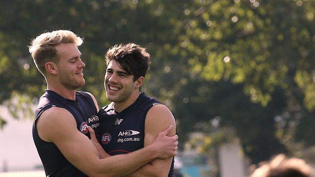 Christian Petracca and Jack Watts at Demons training. Picture: Wayne Ludbey