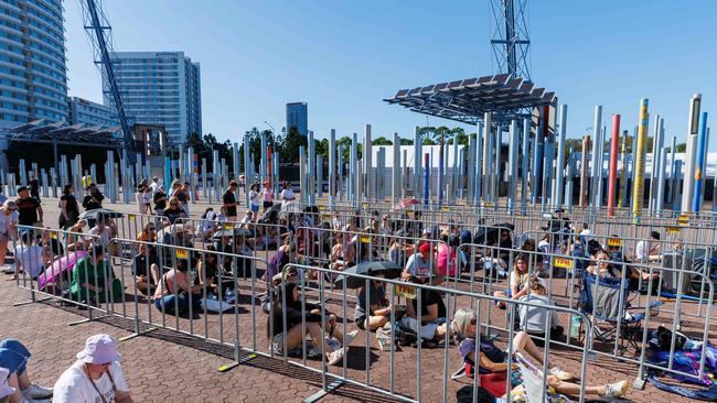 Taylor Swift fans queued for hours in Sydney and Melbourne to buy merchandise before her Eras Tour shows. Picture: David Swift.