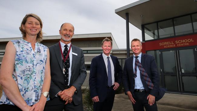 (L-R) Chair of the Sorell School Association Janet Gatehouse, former principal Andy Bennett, ex-premier Will Hodgman and one-time education minister Jeremy Rockliff after a funding announcement at Sorell High School. PICTURE: CHRIS KIDD