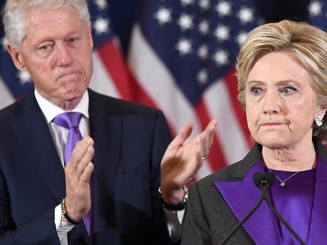 US Democratic presidential candidate Hillary Clinton makes a concession speech after being defeated by Republican President-elect Donald Trump, as former President Bill Clinton looks on in New York on November 9, 2016. Picture: AFP PHOTO / JEWEL SAMAD