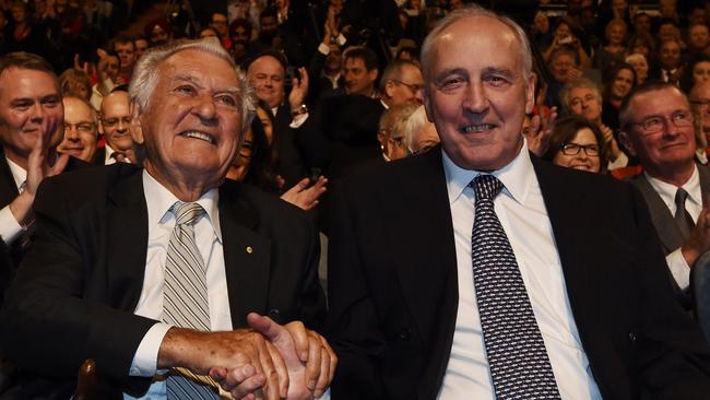 Bob Hawke and Paul Keating at the 2016 Labor campaign launch. Picture: Getty Images.