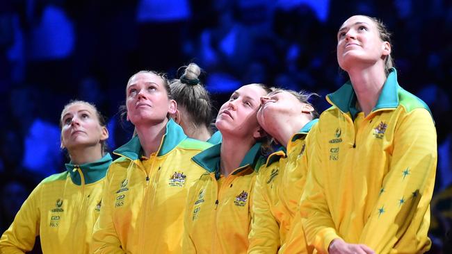 Australian captain Caitlin Bassett (R) after the match. Picture: Nathan Stirk/Getty Images