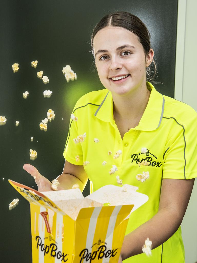 Sophie Schoenrock with the Pop Box popcorn produced in Toowoomba. Picture: Nev Madsen