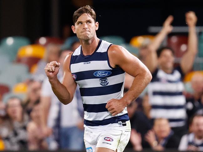 Tom Hawkins gives a fist pump with one of his goals. Picture: Michael Willson