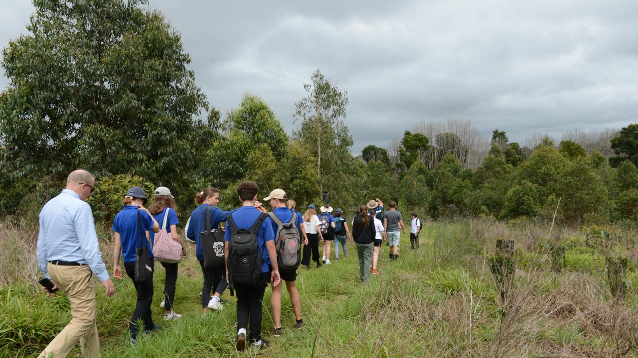 Mullumbimby High School students have launched a new project, Trees for Koalas - Connecting Communities, to increase the number of koala food trees on private properties within the Byron Shire. The group toured a Binna Burra property on Tuesday, October 27, before planting 400 new koala food trees to build upon existing plantation works. Picture: Liana Boss