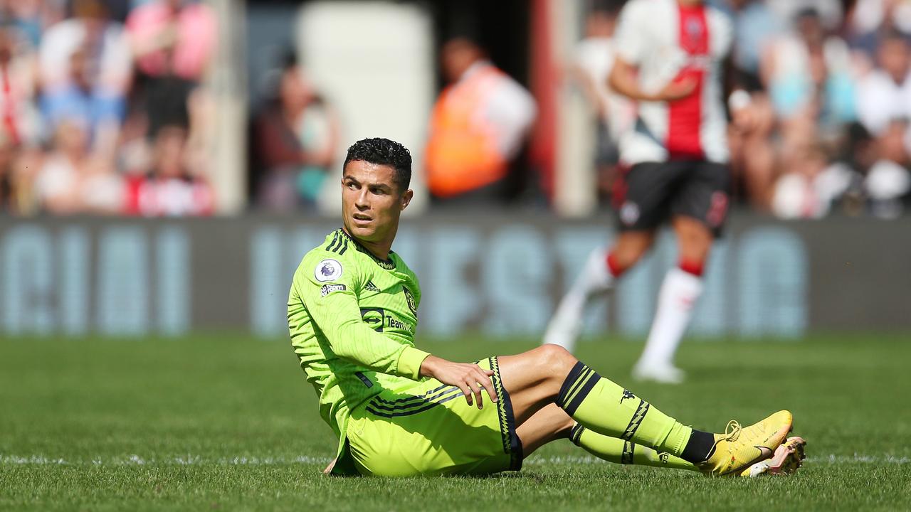 SOUTHAMPTON, ENGLAND - AUGUST 27: Cristiano Ronaldo of Manchester United reacts during the Premier League match between Southampton FC and Manchester United at Friends Provident St. Mary's Stadium on August 27, 2022 in Southampton, England. (Photo by Steve Bardens/Getty Images)