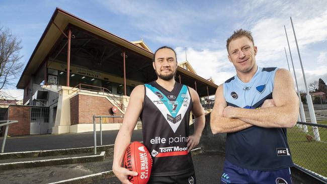 SFL, Cygnet's Thor Boscott and Lindisfarne's Michael Cassidy at North Hobart. Picture: Chris Kidd