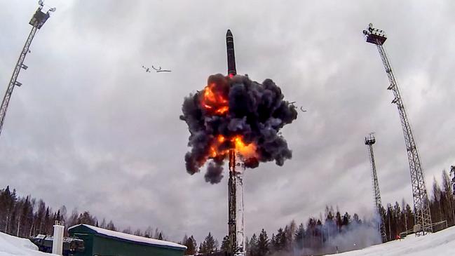 This handout video grab released by the Russian Defence Ministry on February 19, 2022, shows a Yars intercontinental ballistic missile launching during a training launch. Picture: AFP/ Russian Defence Ministry