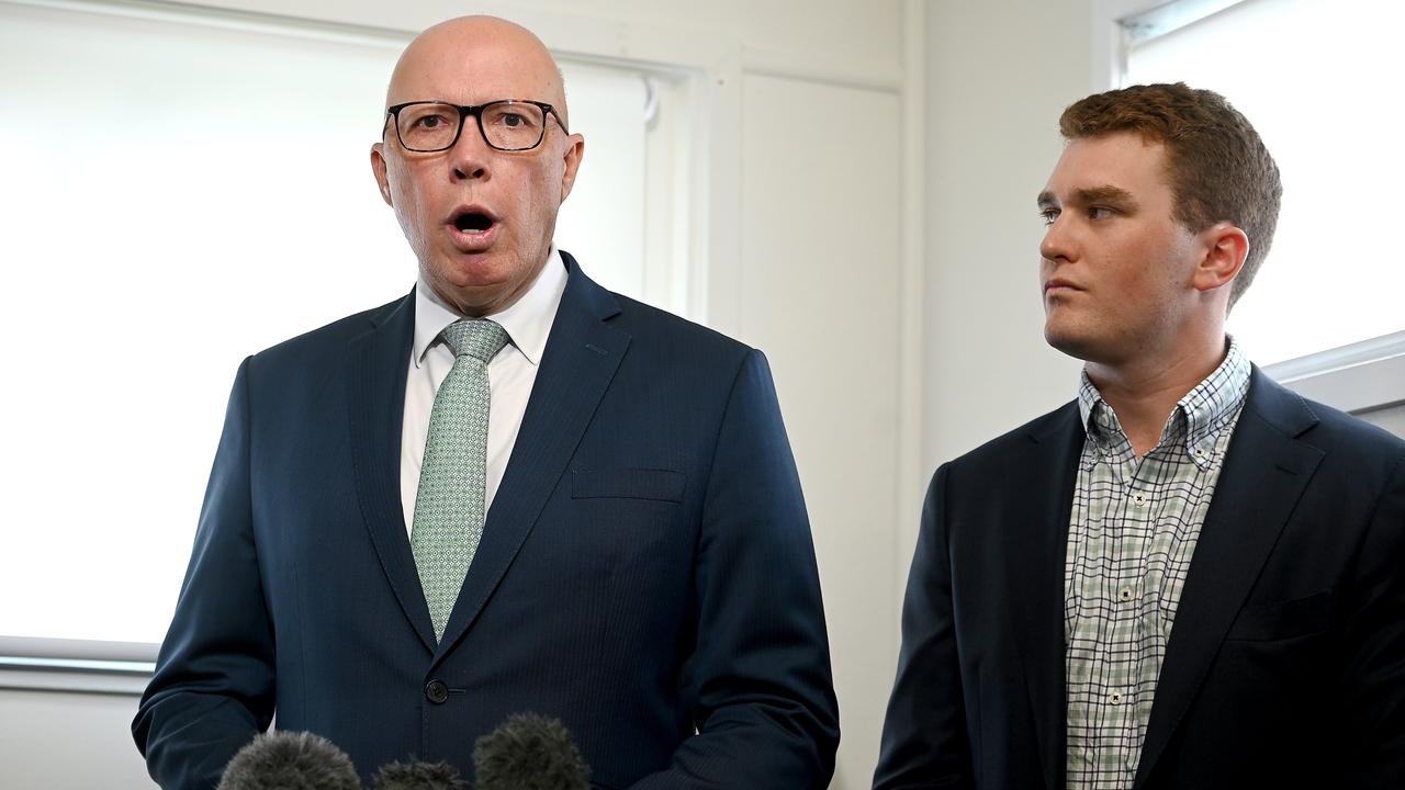 Opposition Leader Peter Dutton in Annerley, Brisbane, with his Moreton candidate Henry Swindon (right). Picture: NewsWire / John Gass