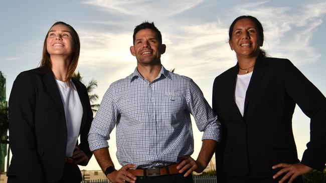 Foundation Cowboys NRLW co-captains Kirra Dibb and Tallisha Harden with coach Ben Jeffries ahead of North Queensland's season launch at the Ville Casino in Townsville. Picture: Evan Morgan