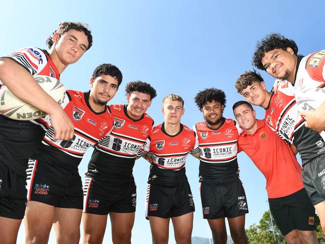 Seven of Kirwan State High School's Clontarf Foundation students will represent Queensland against a NSW team on Saturday as a curtain-raiser for the Cowboys NRL match. Cohen Emmi, Jeffrey Ross, Elijah-Shane Tapau, Kaiden Lahrs, Anthony Iorangi, Cameron King (assistant coach), Darius Carter and Cooper Pearson. Picture: Shae Beplate.