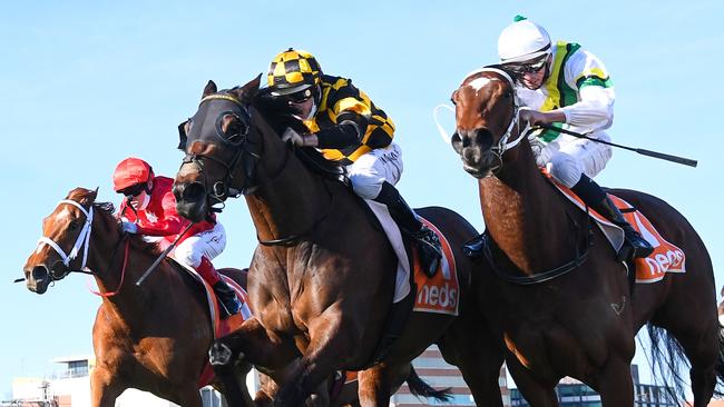 Probabeel (yellow and black) runs down Chassis (right) to win the Cockram Stakes. Picture: Racing Racing Photos via Getty Images