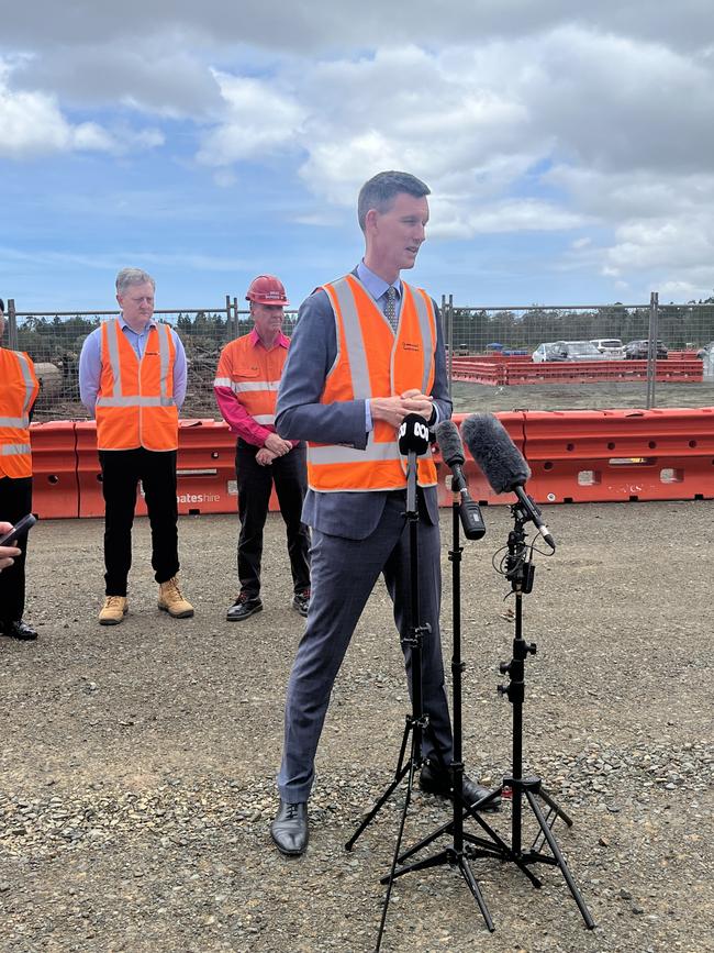 Transport Minister Mark Bailey speaking at the site of the Torbanlea train factory development.