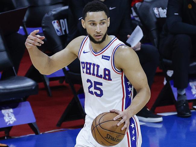 PHILADELPHIA, PENNSYLVANIA - JUNE 20: Ben Simmons #25 of the Philadelphia 76ers signals to teamates during the first quarter against the Atlanta Hawks during Game Seven of the Eastern Conference Semifinals at Wells Fargo Center on June 20, 2021 in Philadelphia, Pennsylvania. NOTE TO USER: User expressly acknowledges and agrees that, by downloading and or using this photograph, User is consenting to the terms and conditions of the Getty Images License Agreement. (Photo by Tim Nwachukwu/Getty Images)