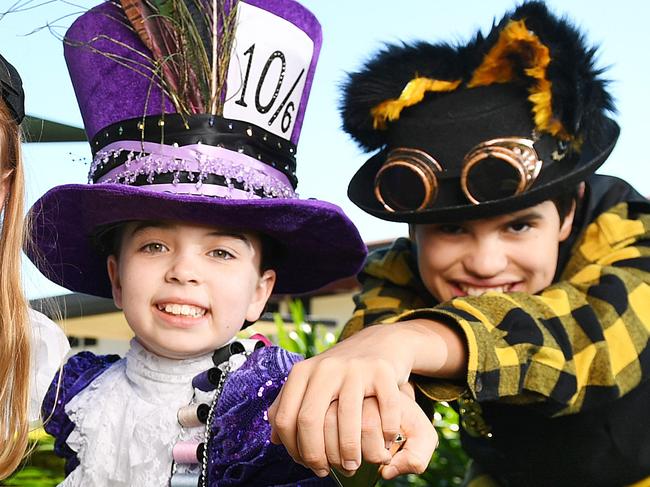 Townsville Grammar School Junior Students, Nadana Raguharan, 10, (White Rabbit), Gemma Enfantie, 11, (Alice), Zara Boldery, 9, (Mad Hatter) and Rory Glen, 12, (Cheshire Cat), will perform AliceÃs Magical Adventure. Picture: Shae Beplate.