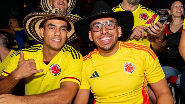 Julian Payares and Ben Poveda-Alfonso as Boisterous Colombian supporters watching their national side take on Argentina in the 2024 Copa America Final at the Lost Arc, Darwin. Picture: Pema Tamang Pakhrin.