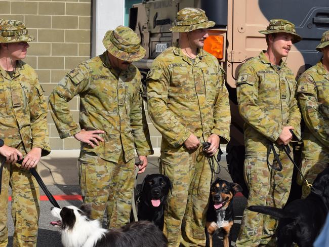 Sappers from the 3rd Combat Engineer Regiment (3CER) line up to meet the Deputy Prime Minister and Minister of Defence Richard Marles during his visit to RAAF Base Townsville following the North Queensland floods (18/02/2025)