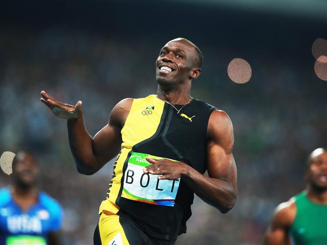 Usain Bolt of Jamiaca celebrates winning the Men's 100m Final during the Athletics at the Olympic Stadium on day 9 of competition at the Rio 2016 Olympic Games. Picture. Phil Hillyard
