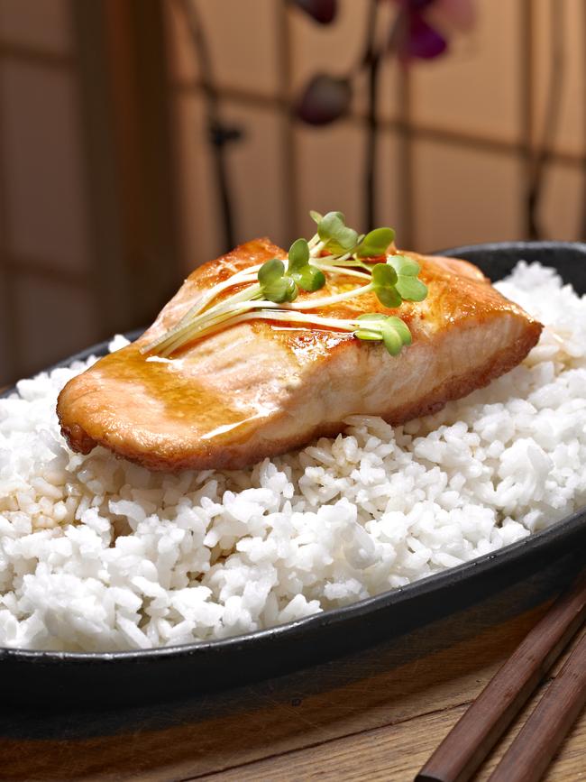 Salmon Teriyaki over Steamen Rice.