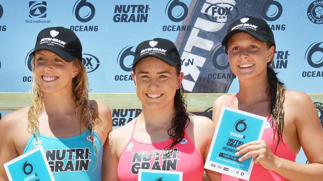 Umina’s Jemma Smith, centre, with second placegetter Georgia Miller, left, and third placegetter Lizzie Wellborn, right.