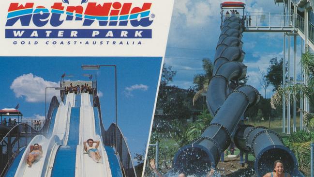 A postcard showing the Wet'n Wild Gold Coast speed slide and Twister