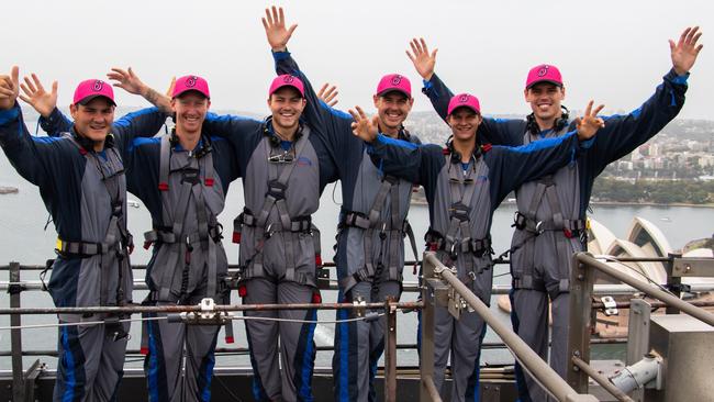 Sixers players (from left) Ben Manenti, Jordan Silk, Greg West, Daniel Hughes, Josh Philippe and Ben Dwarshuis on top of the Harbour Bridge.