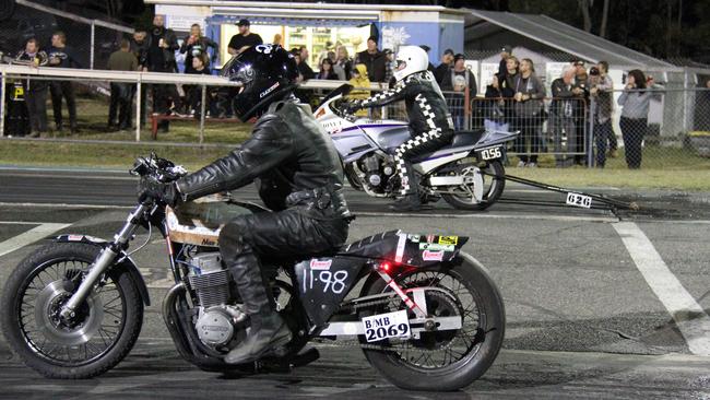 Two competitors in the mod bike class line up at All Bikes at Benaraby Dragway. Picture: Rodney Stevens