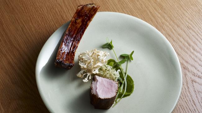 Wessex saddleback pork with soured onions is a highlight at Brae. Picture: Colin Page.