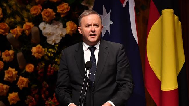 Labor leader Anthony Albanese speaking during the State Memorial service for former Prime Minister Bob Hawke at the Sydney Opera House in Sydney, Friday, June 14, 2019. (AAP Image/Dean Lewins) NO ARCHIVING