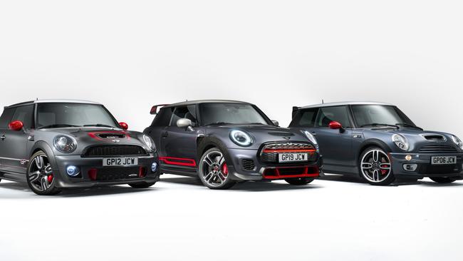 Mini's third-gen JCW GP, centre, is the first to use a manual transmission.