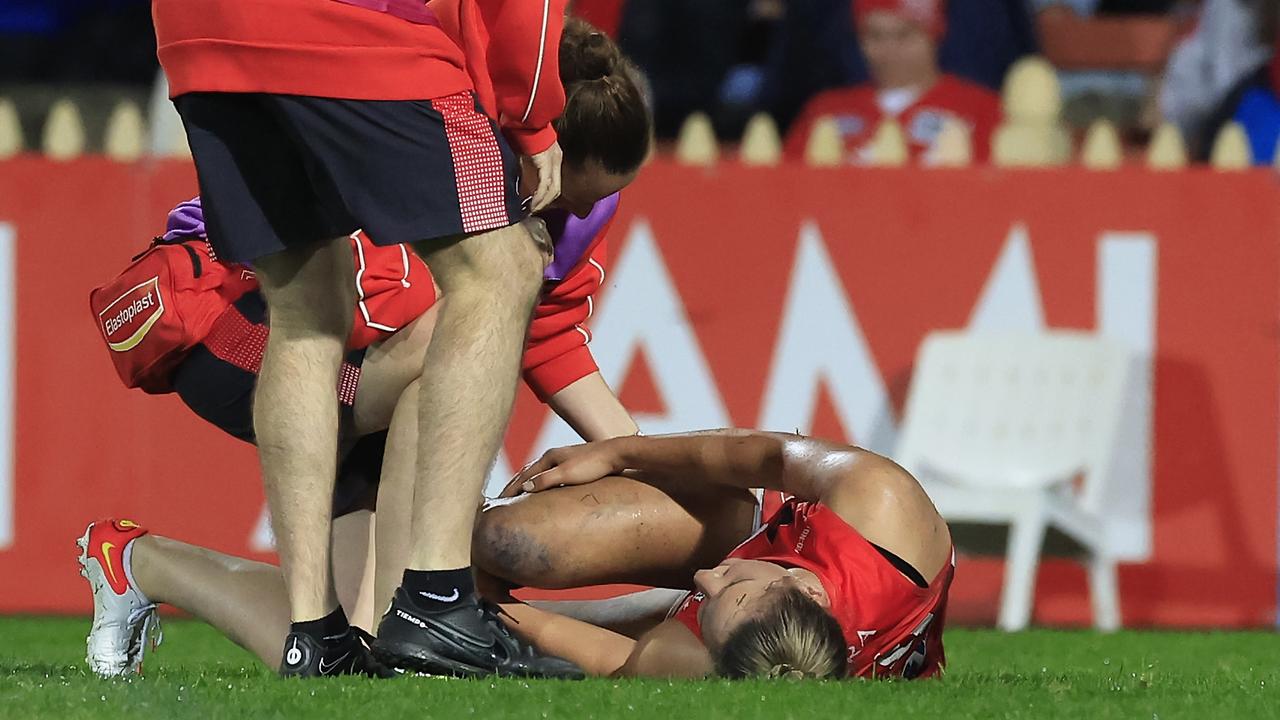 Montana Ham clutches her leg late in the game. Picture: Mark Evans/AFL Photos/via Getty Images