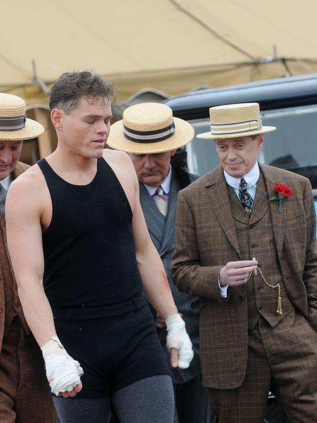 Devin Harjes and Steve Buscemi filming on location for Boardwalk Empire in the Brooklyn borough of New York City. Picture: Getty Images