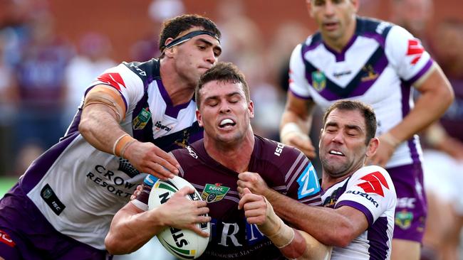 Darcy Lussick in action for the Sea Eagles against the Melbourne Storm. Picture: Gregg Porteous