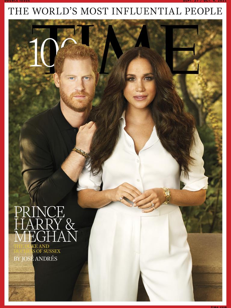 Prince Harry and Meghan Markle appear on the cover of Time magazine’s 100 most influential people issue. Picture: Pari Dukovic/Time.