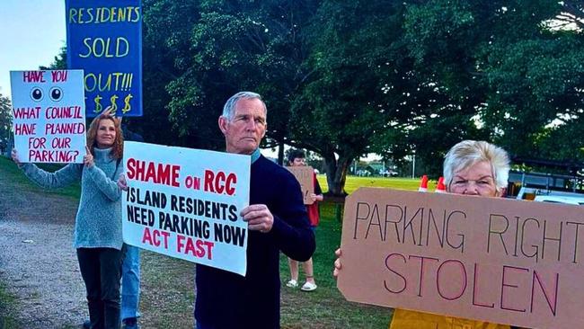 Bay island residents protest about Redland City Council parking fines and the lack of parking at the Weinam Creek ferry terminal which is part of a state government Priority Development Area. Picture: Judith Kerr